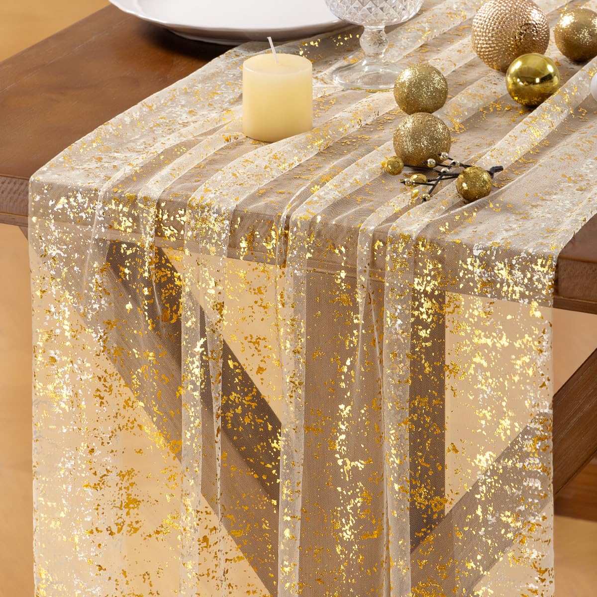 Socomi Christmas Snow Table Runner Gold Gauze Sheer Chiffon Cheesecloth Sequin 10FT Glitter Metallic Foil Dining Wedding Birthday Party Fall Winter Anniversary Holiday Centerpiece Table Decor Beige