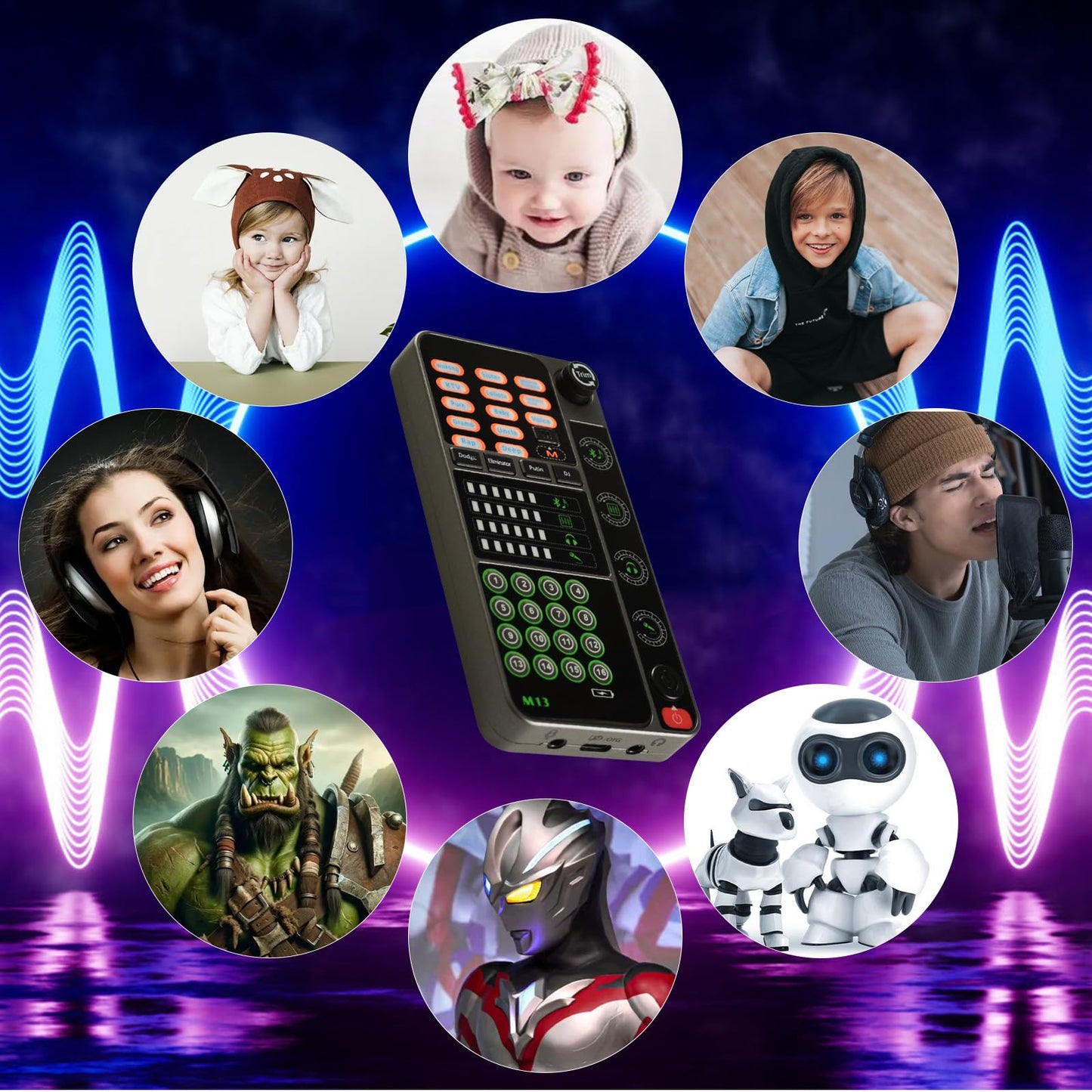 Portable Voice Changer, Handheld Microphone Voice Modulator Gaming Recording with 16 Sound Effects, Mini Live Broadcast Voice Disguiser for Mobile Phone Computer PS4 PS5 Xbox One Games