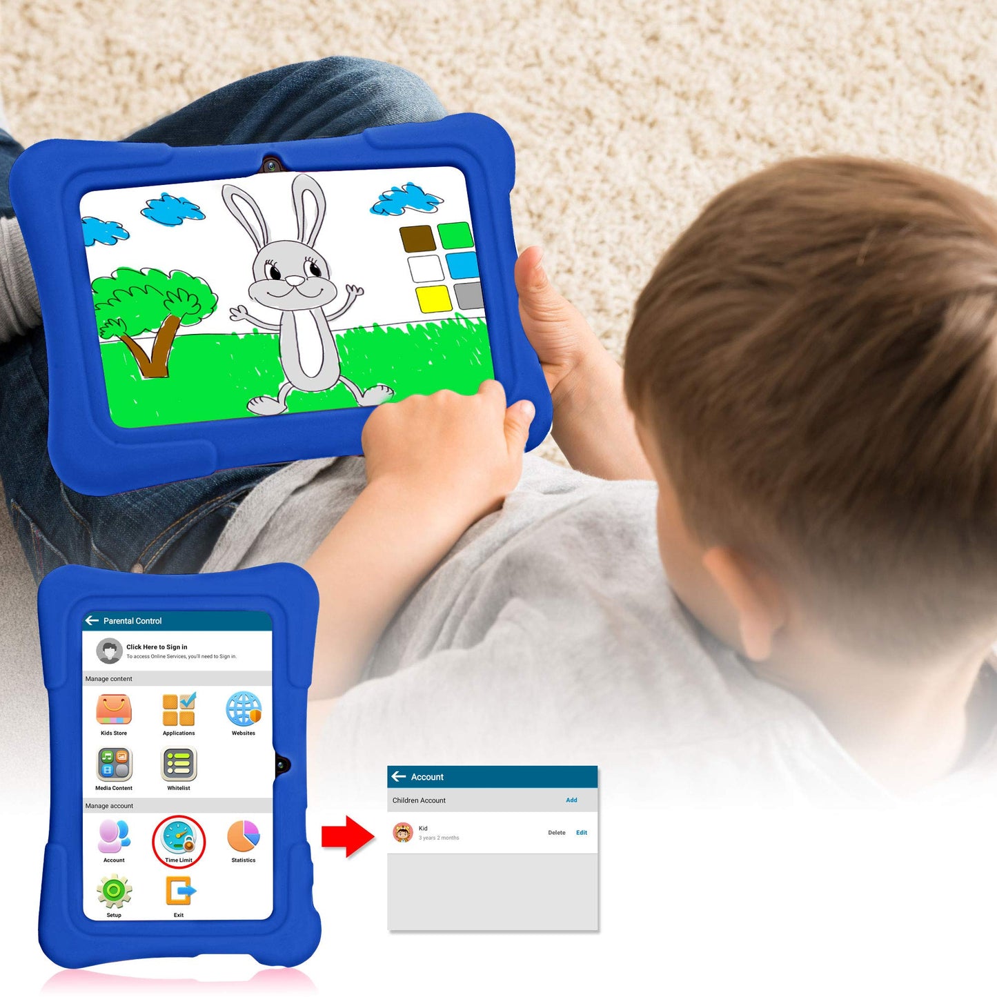PRITOM 7-Zoll-Kindertablet mit Hülle, Quad-Core-Tablet, Android 13, 32 GB ROM, WLAN, Bluetooth, Dual-Kamera, Lern-Apps, Spiele, Kindersicherung, vorinstallierte Kindersoftware