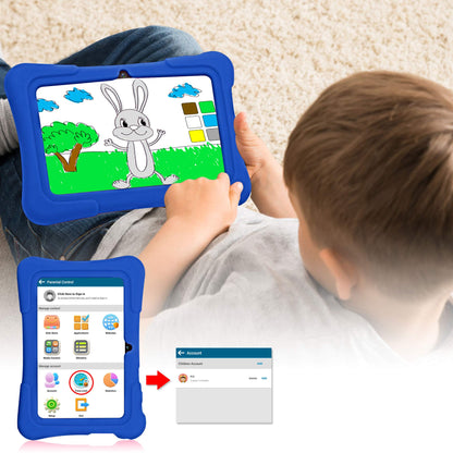 PRITOM 7-Zoll-Kindertablet mit Hülle, Quad-Core-Tablet, Android 13, 32 GB ROM, WLAN, Bluetooth, Dual-Kamera, Lern-Apps, Spiele, Kindersicherung, vorinstallierte Kindersoftware