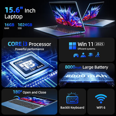 Naclud 15.6 Inch Laptop Computer, Windows 11 Laptops with 16GB RAM 1024GB SSD, Core i3 CPU(Up to 3.9GHz), Backlit Keyboard, 53.2WH Battery, WiFi 6, IPS FHD Display, 180° Viewing, HDMI, Type-C