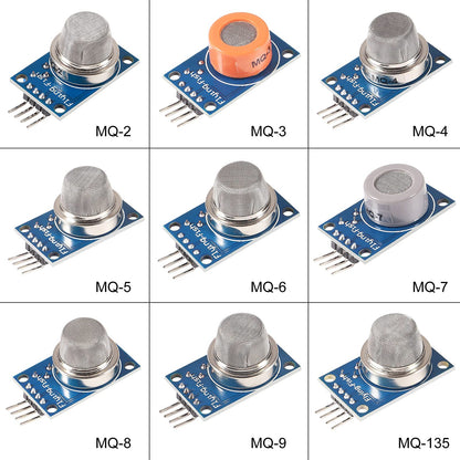 9pcs/Lot Gas Detection Sensor Module MQ-2 MQ-3 MQ-4 MQ-5 MQ-6 MQ-7 MQ-8 MQ-9 MQ-135 Sensor Module Gas Sensor Starter Kit for Arduino Raspberry Pi (9PCS/Lot)