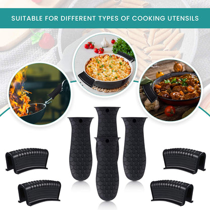 Patelai 8 Pcs Silicone Pot Holders Set Cast Iron Handle Cover Heat Resistant Pot Handle Covers Potholder Non Slip Reusable Pan Sleeve for Frying Pan Kitchen Supplies(Black)