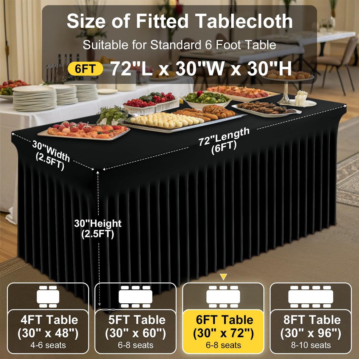 Smiry Spandex Tablecloth, Elastic Fitted Stretch Tablecloth for 6FT Rectangle Tables, Waterproof Washable Table Cover Skirt for Outdoor, Wedding, Banquet & Parties (Black, 72Lx30Wx30H Inch)