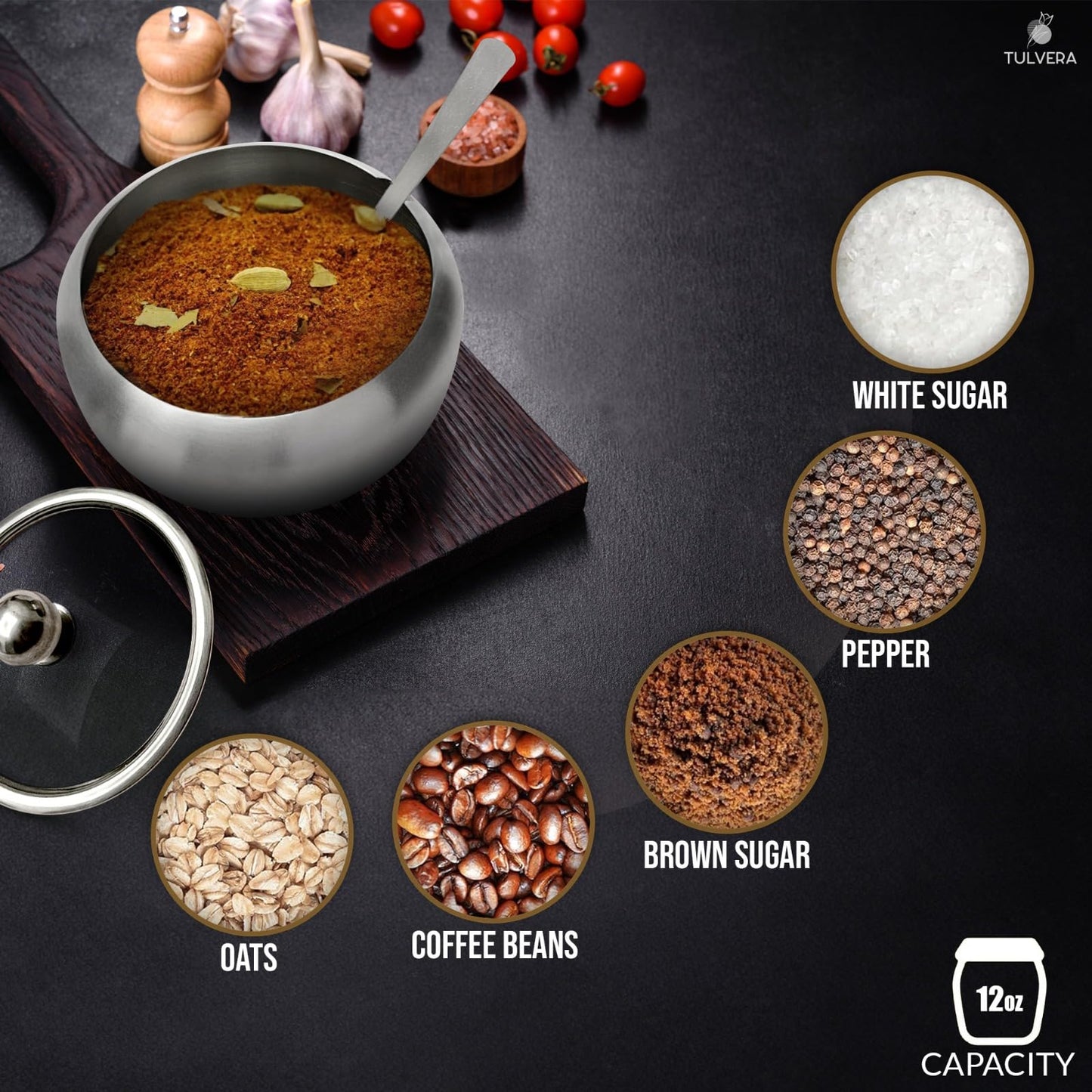 Zuckerdose mit Deckel und Löffel | 350-ml-Zuckerbehälter für die Kaffeebar | Edelstahlbehälter für Salz, Tee, Bonbons, Würfelzucker, braunen Zucker, Ghee | Aufbewahrungszubehör für die Küchenarbeitsplatte | 350 ml