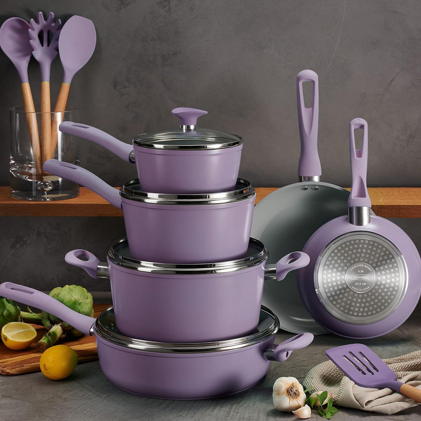 Tramontina Solara 14-Piece Ceramic Non Stick Cookware Set with Lids, Heavy-Gauge Aluminum Pots and Pans Kitchen Set with Nonstick Coating, Dishwasher and Oven Safe (Purple)