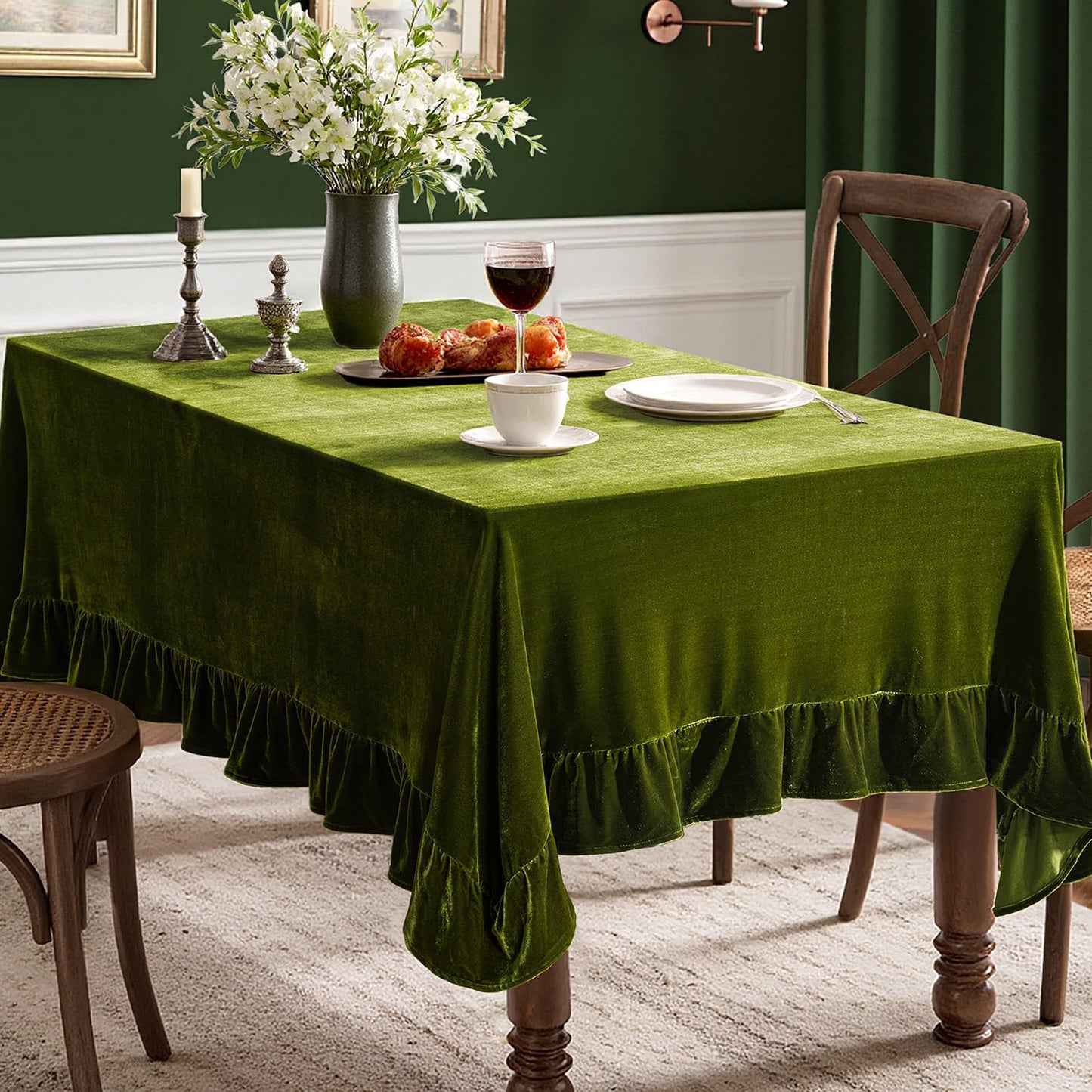 MIULEE Velvet Table Cloth with Decorative Ruffle Edge Luxurious Soft Washable Rectangular Tablecloth Thick Wrinkle-Resistant Oblong Table Cover for Kitchen Dining Party Wedding 60x120 Inch Olive Green