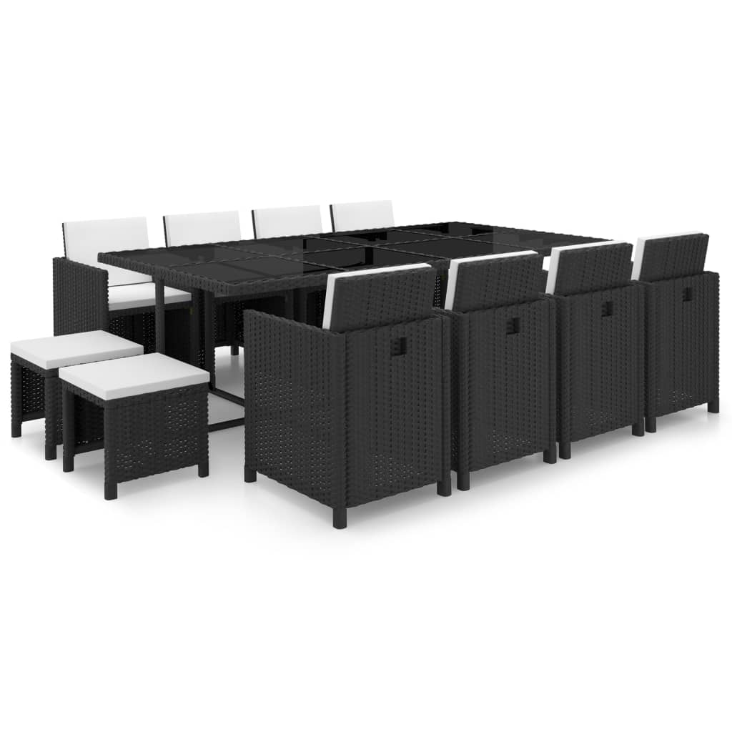 13-tlg. Garten-Essgruppe mit Auflagen Poly Rattan Schwarz