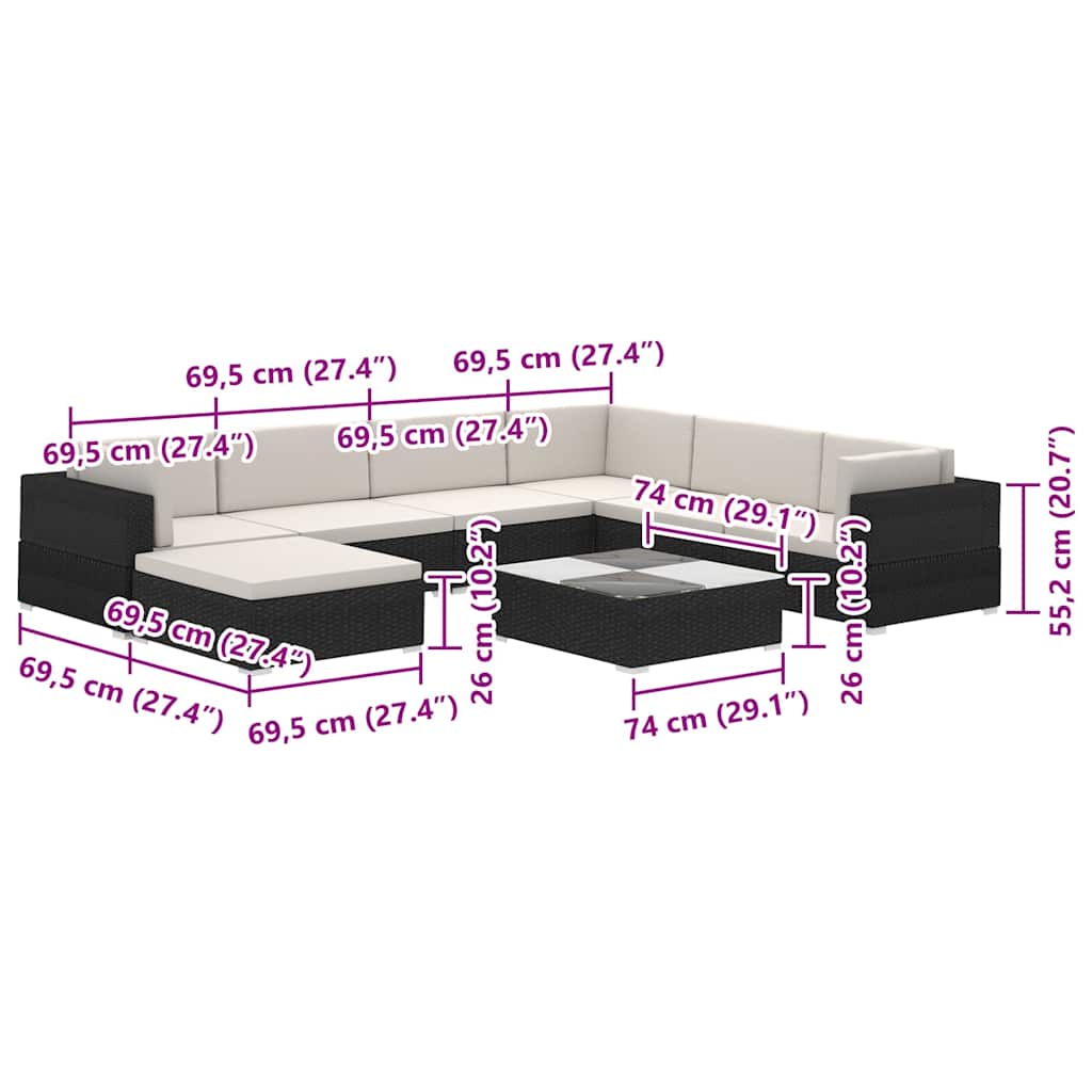 8-tlg. Garten-Lounge-Set mit Auflagen Poly Rattan Schwarz
