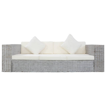 3-Sitzer-Sofa mit Kissen Grau Natürliches Rattan