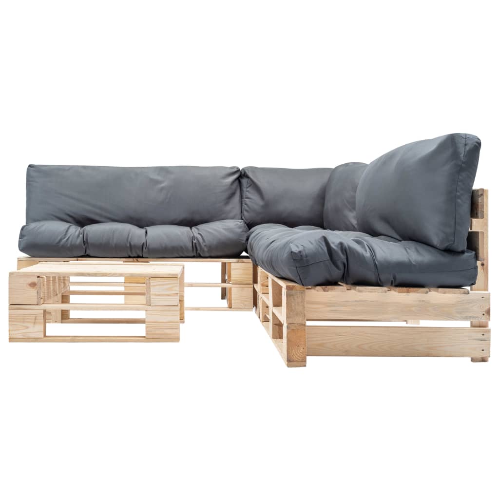 4-tlg. Paletten-Lounge-Set mit Kissen in Grau Holz