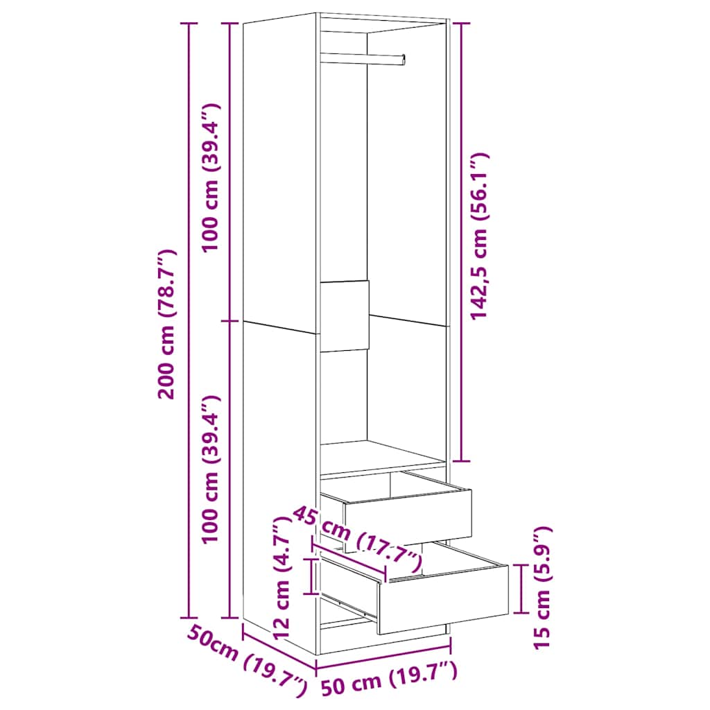 Kleiderschrank mit Schubladen Schwarz 50x50x200cm Holzwerkstoff