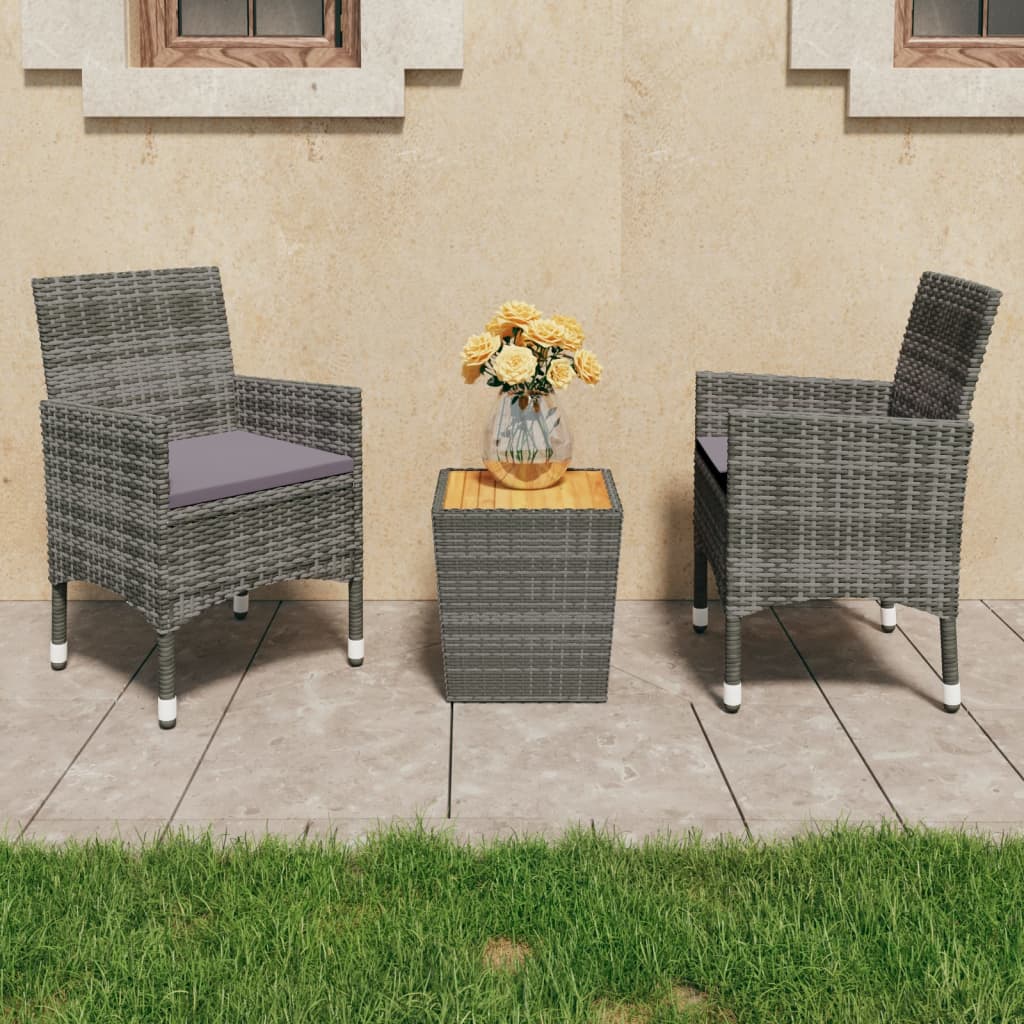 3-tlg. Bistro-Set Poly Rattan und Akazienholz Grau