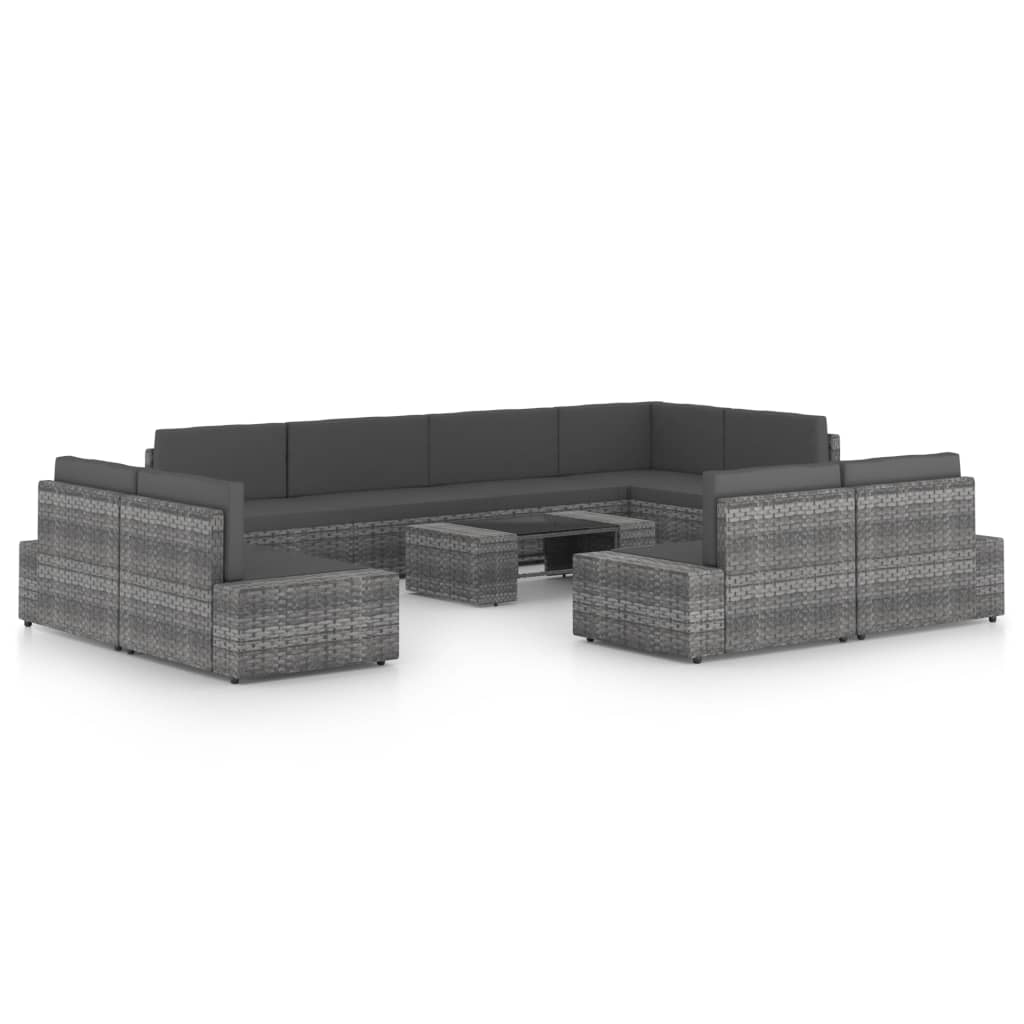 10-tlg. Garten-Lounge-Set mit Kissen Grau Poly Rattan