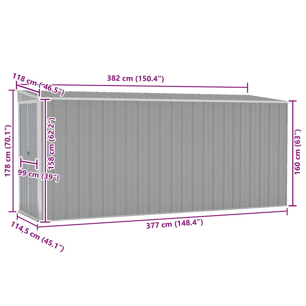 Anbauschuppen Grau 118x382x178 cm Verzinkter Stahl