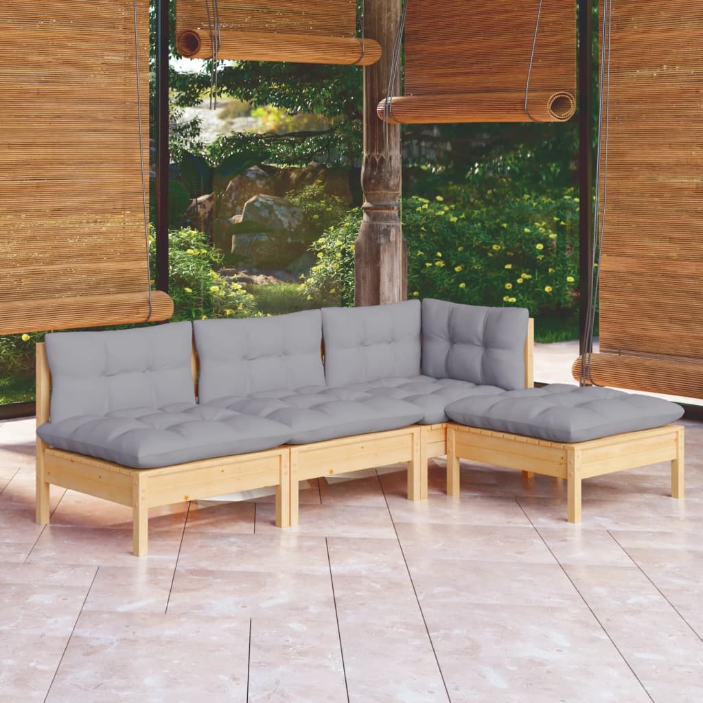 4-tlg. Garten-Lounge-Set mit Grauen Kissen Kiefernholz