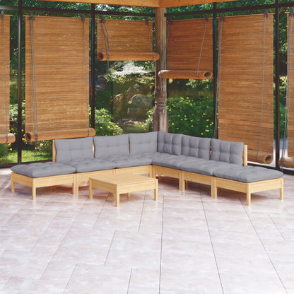 8-tlg. Garten-Lounge-Set mit Grauen Kissen Kiefernholz