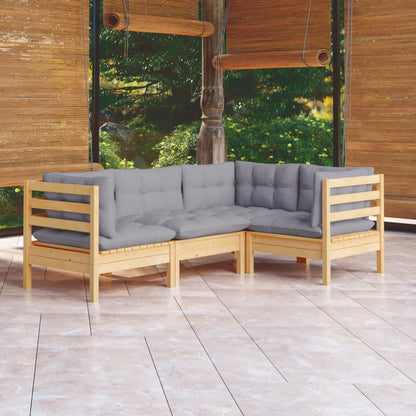 4-tlg. Garten-Lounge-Set mit Grauen Kissen Kiefernholz