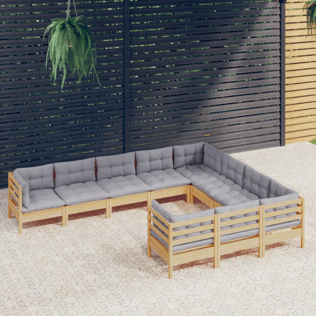 10-tlg. Garten-Lounge-Set mit Grauen Kissen Kiefernholz
