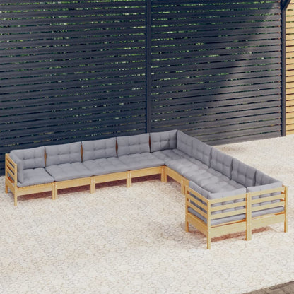 10-tlg. Garten-Lounge-Set mit Grauen Kissen Kiefernholz