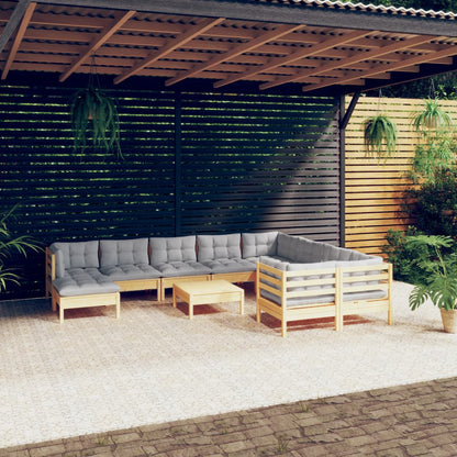 11-tlg. Garten-Lounge-Set mit Grauen Kissen Kiefernholz