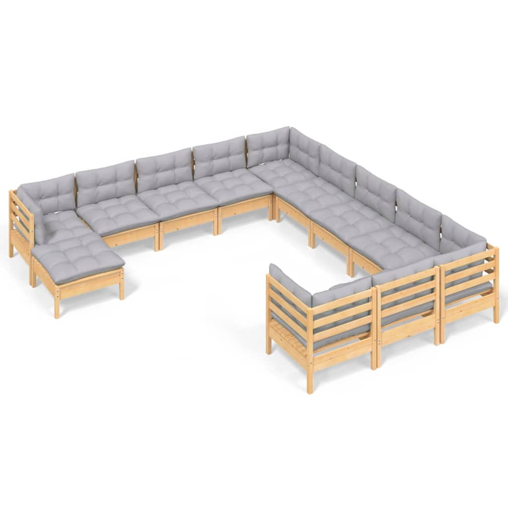 12-tlg. Garten-Lounge-Set mit Grauen Kissen Kiefernholz