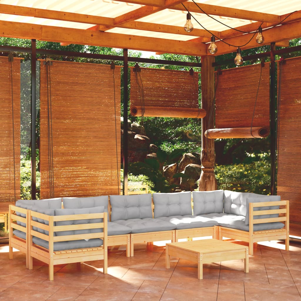 8-tlg. Garten-Lounge-Set mit Grauen Kissen Kiefernholz