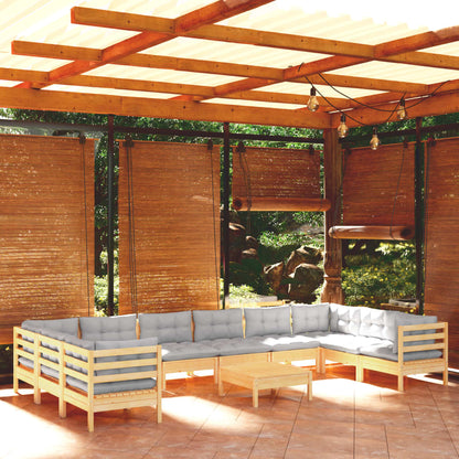 11-tlg. Garten-Lounge-Set mit Grauen Kissen Kiefernholz