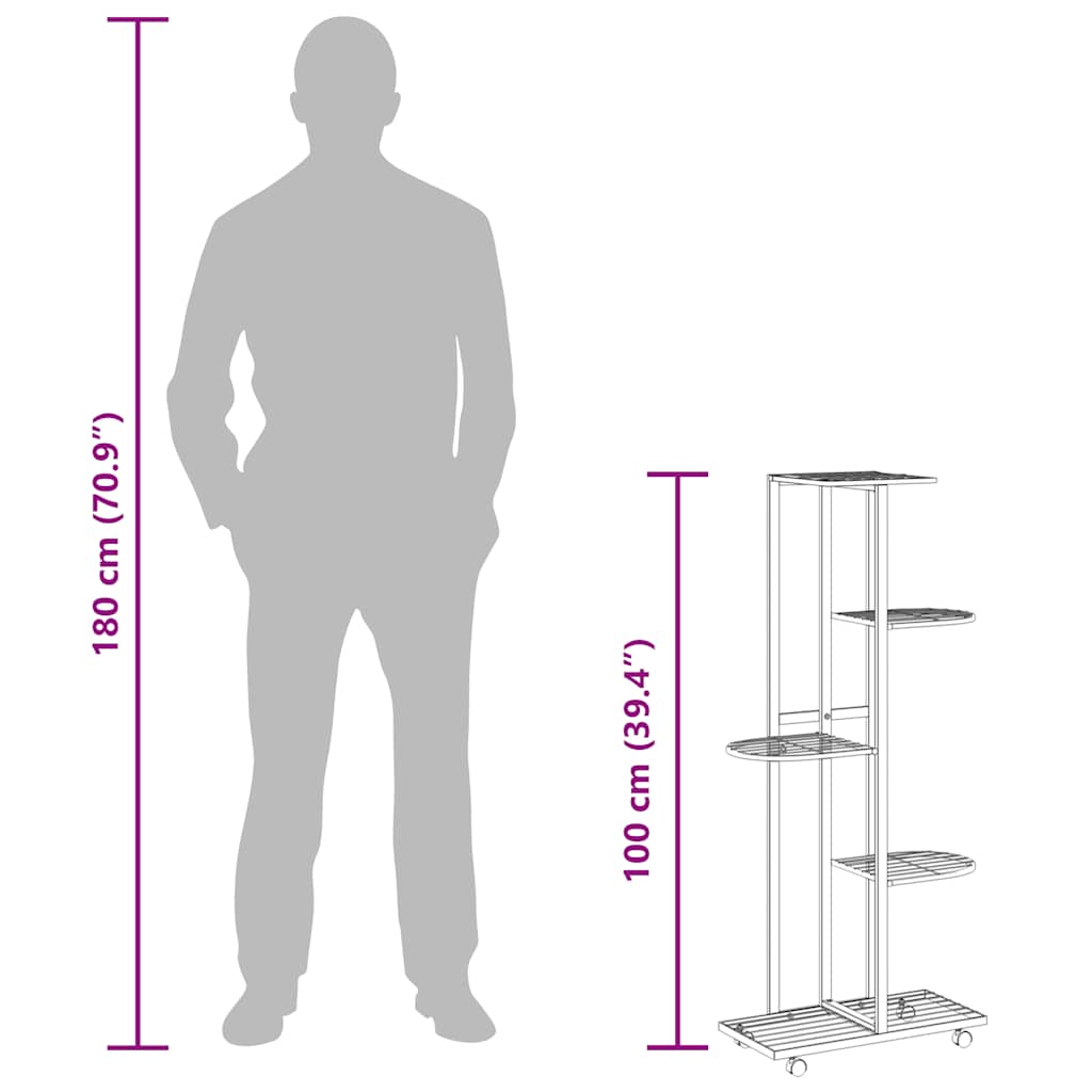 Blumenständer 5-Etagen mit Rollen 44x23x100 cm Schwarz Eisen