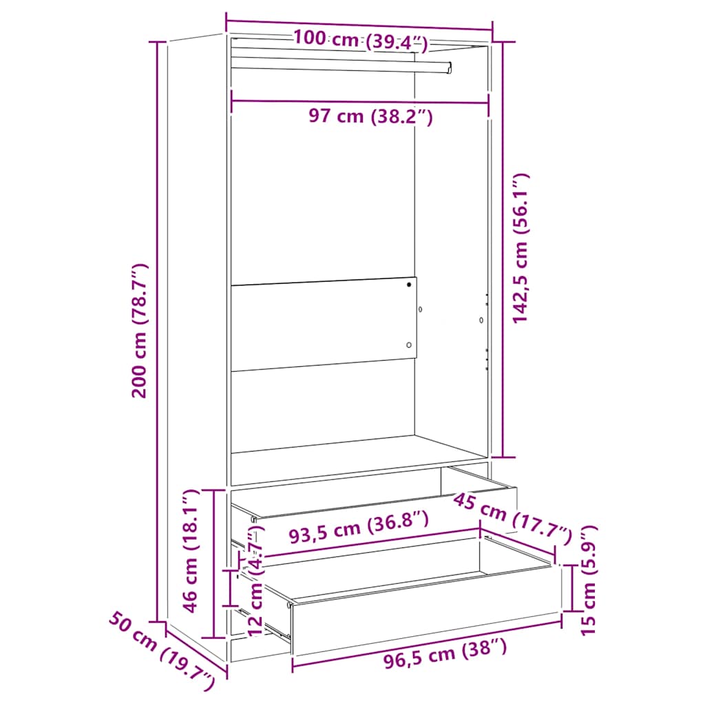 Kleiderschrank Grau Sonoma 100x50x200 cm Holzwerkstoff
