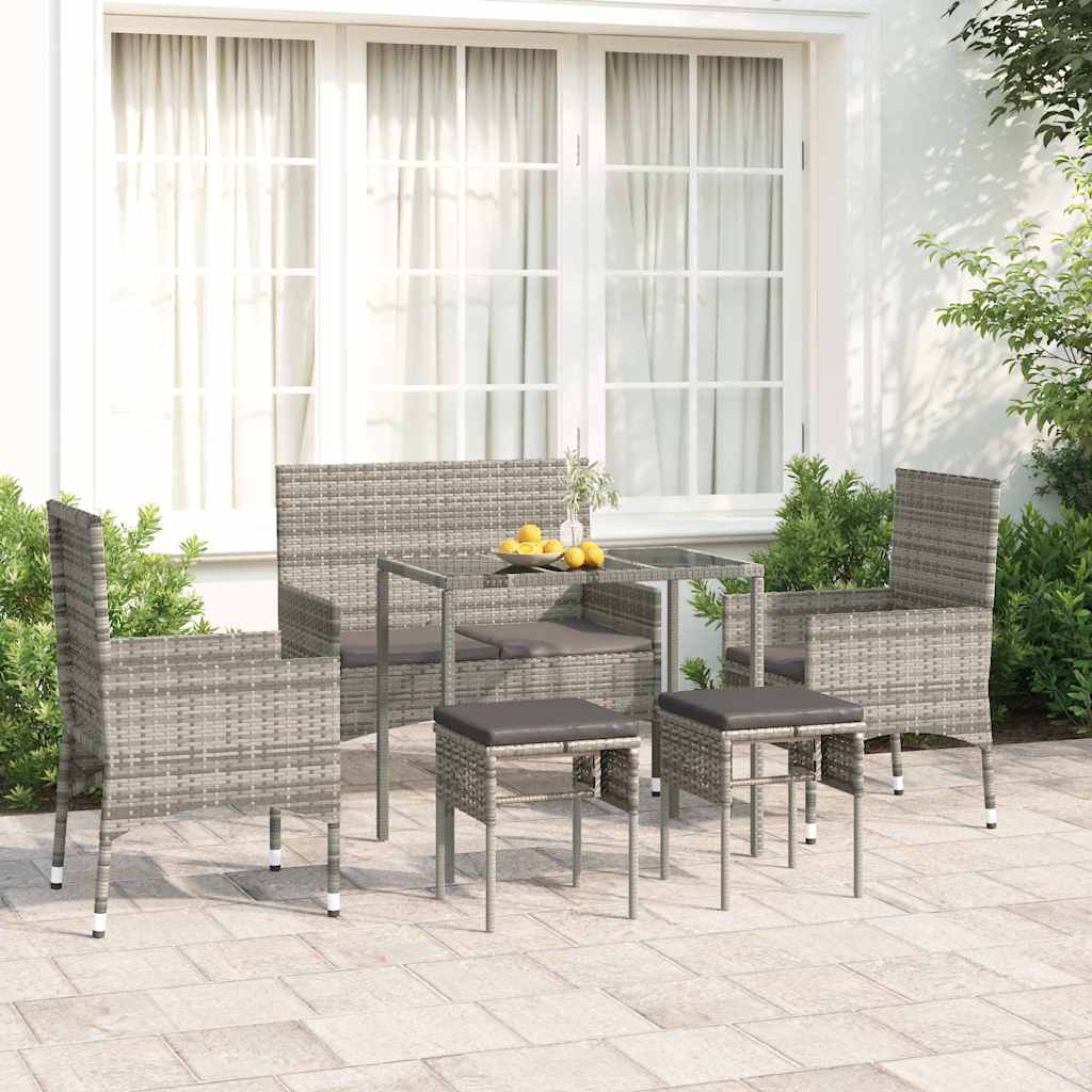 6-tlg. Garten-Lounge-Set mit Kissen Grau Poly Rattan