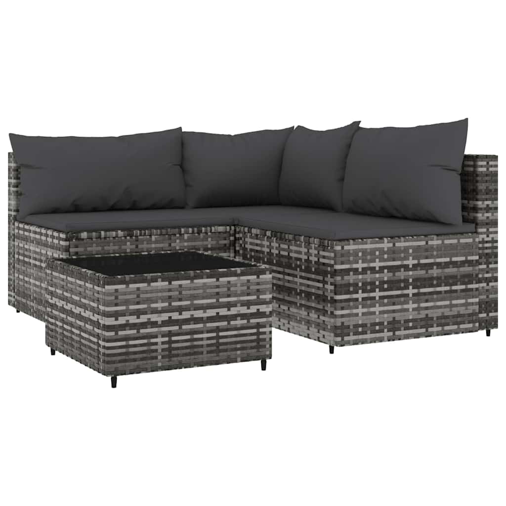 4-tlg. Garten-Lounge-Set mit Kissen Grau Poly Rattan