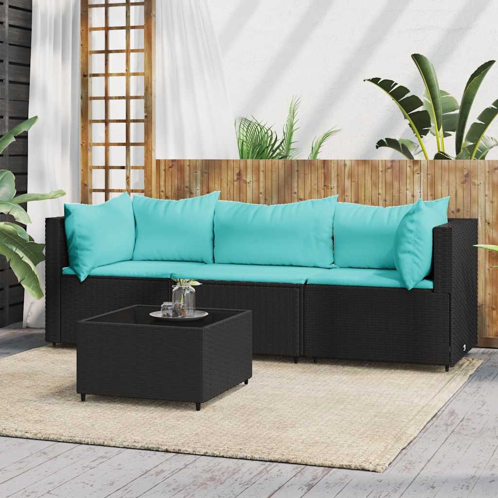 4-tlg. Garten-Lounge-Set mit Kissen Schwarz Poly Rattan