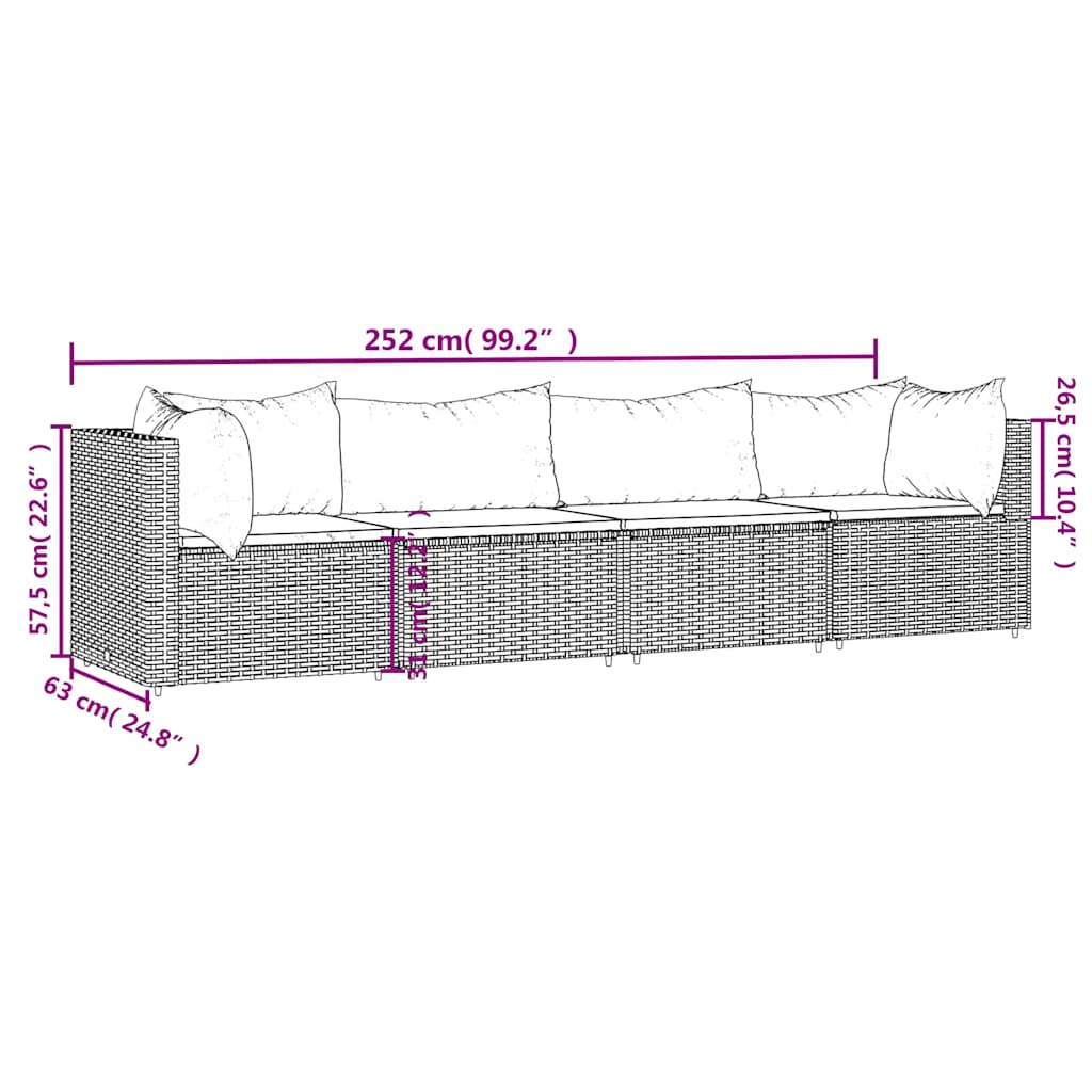 4-tlg. Garten-Lounge-Set mit Kissen Braun Poly Rattan