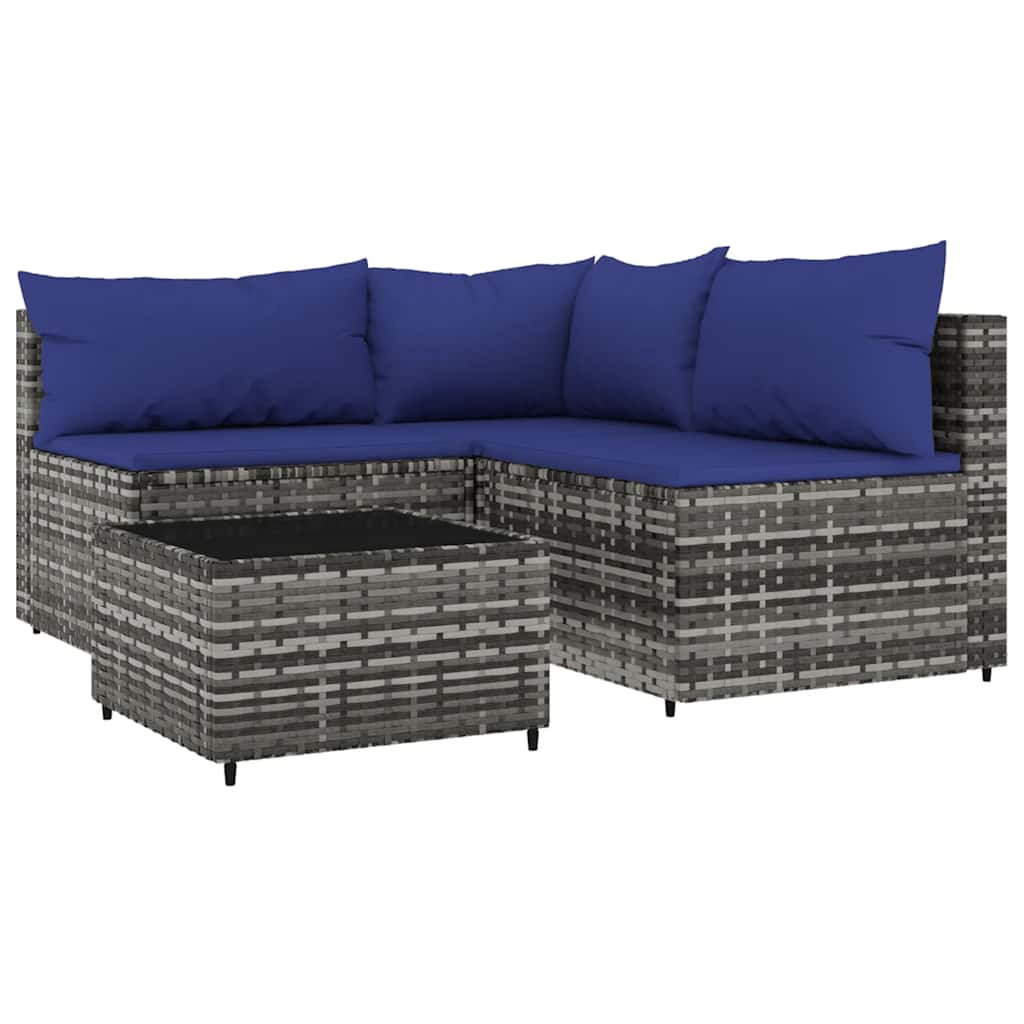 4-tlg. Garten-Lounge-Set mit Kissen Grau Poly Rattan