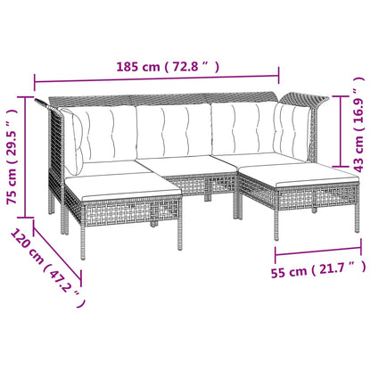 5-tlg. Garten-Lounge-Set mit Kissen Grau Poly Rattan