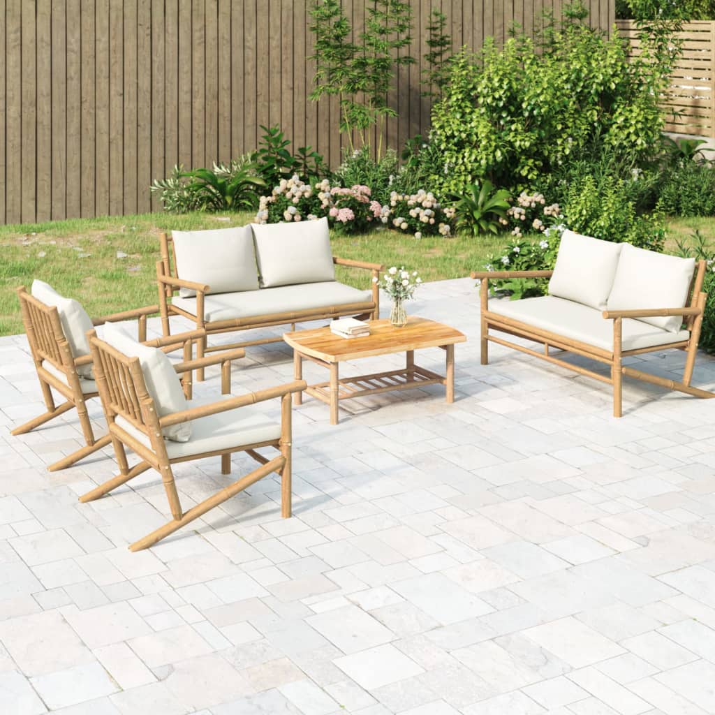 5-tlg. Garten-Lounge-Set mit Cremeweißen Kissen Bambus