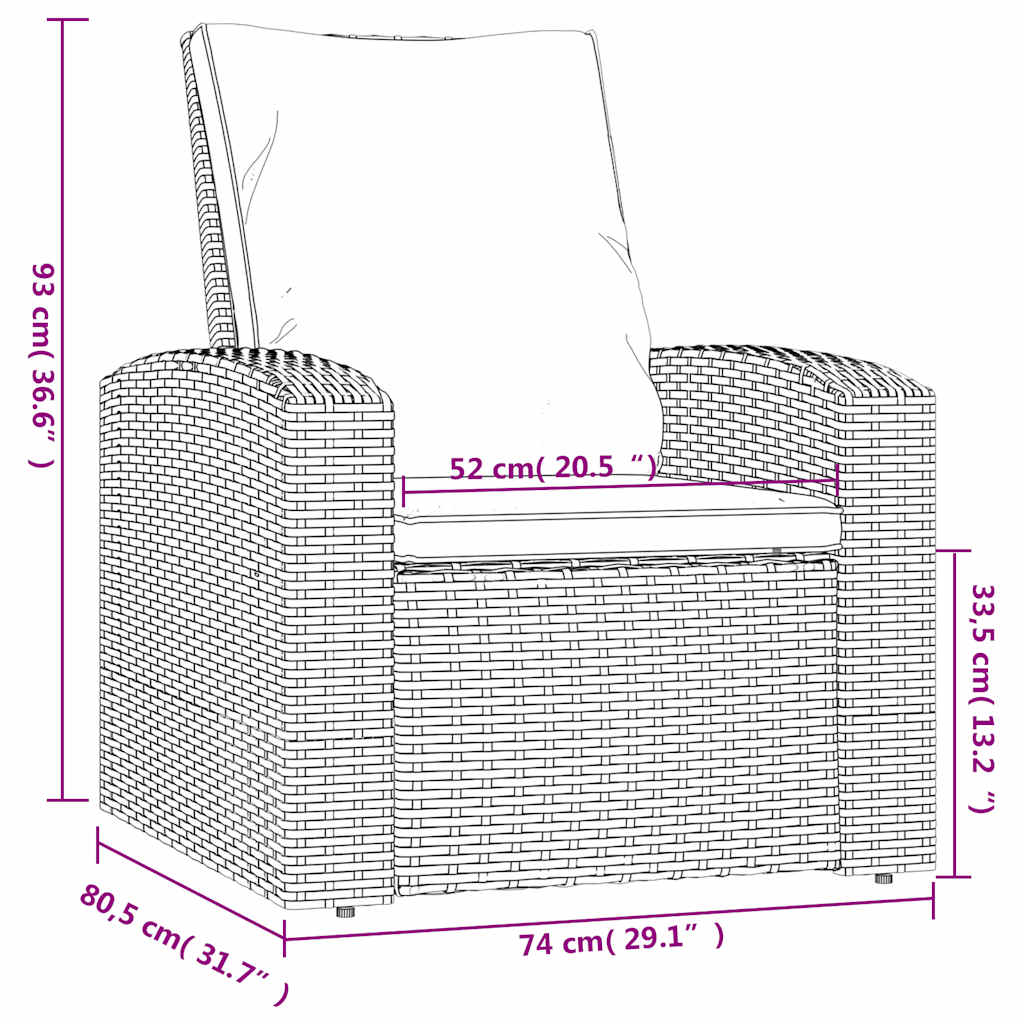 Gartensessel Verstellbar mit Kissen Schwarz Poly Rattan