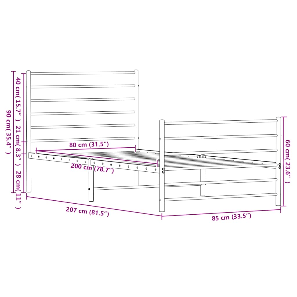 Bettgestell mit Kopf- und Fußteil Metall Weiß 80x200 cm