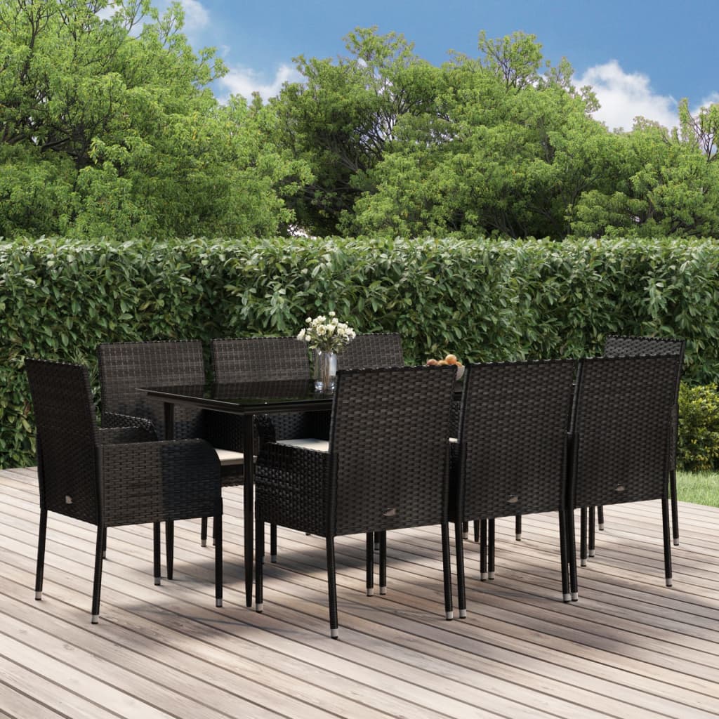 9-tlg. Garten-Essgruppe mit Kissen Schwarz Poly Rattan