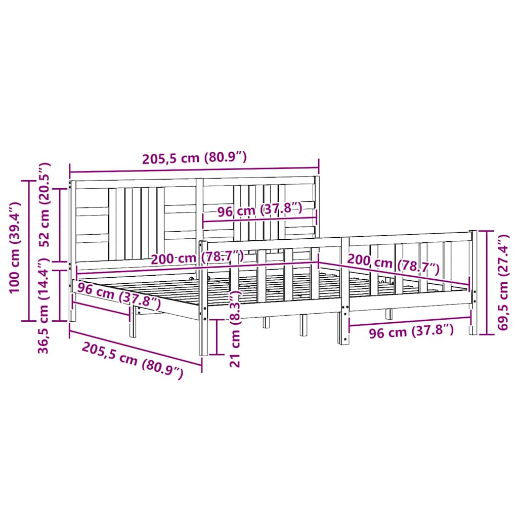 Massivholzbett mit Kopfteil Grau 200x200 cm