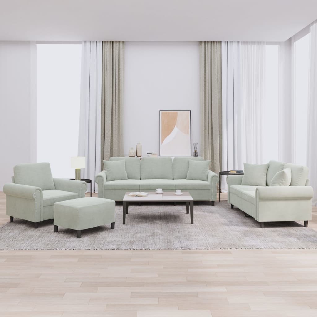 4-tlg. Sofagarnitur mit Kissen Hellgrau Samt