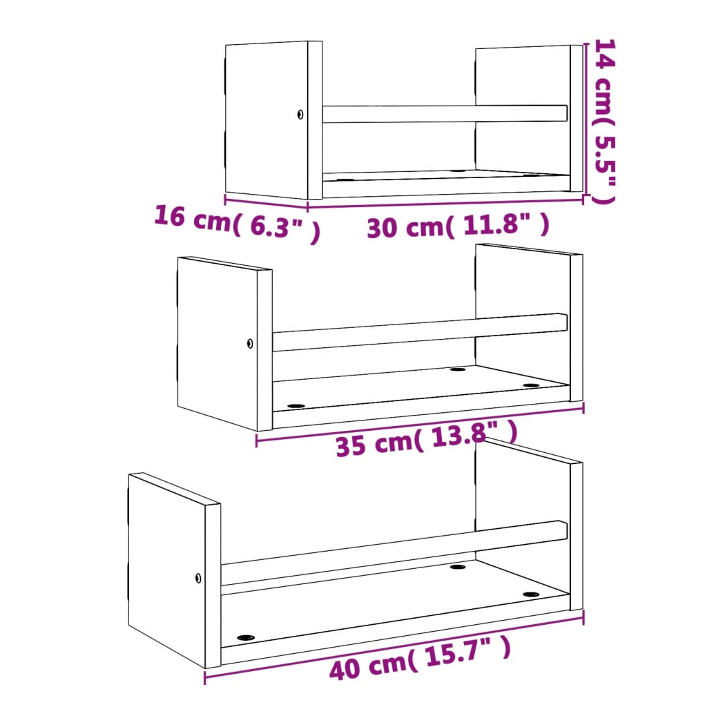 3-tlg. Wandregal-Set mit Stangen Räuchereiche Holzwerkstoff