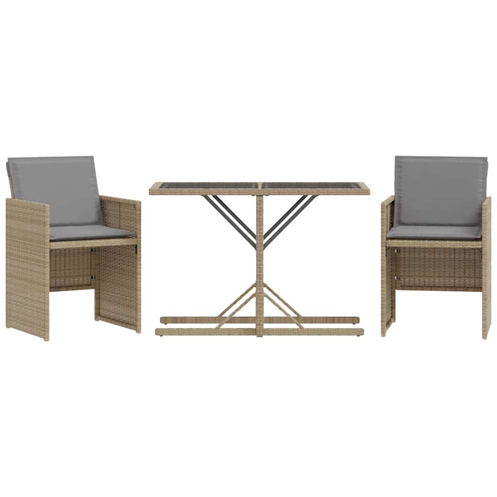 3-tlg. Bistro-Set mit Kissen Beigemischung Poly Rattan