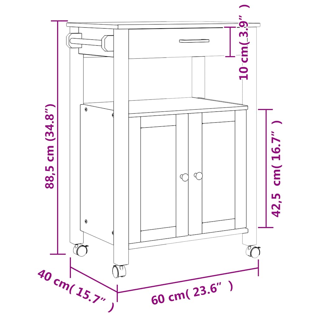 Küchenwagen MONZA 60x40x88,5 cm Massivholz Kiefer