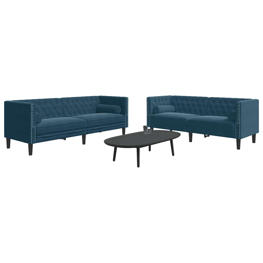 2-tlg. Chesterfield-Sofa-Set mit Nackenrollen Blau Samt