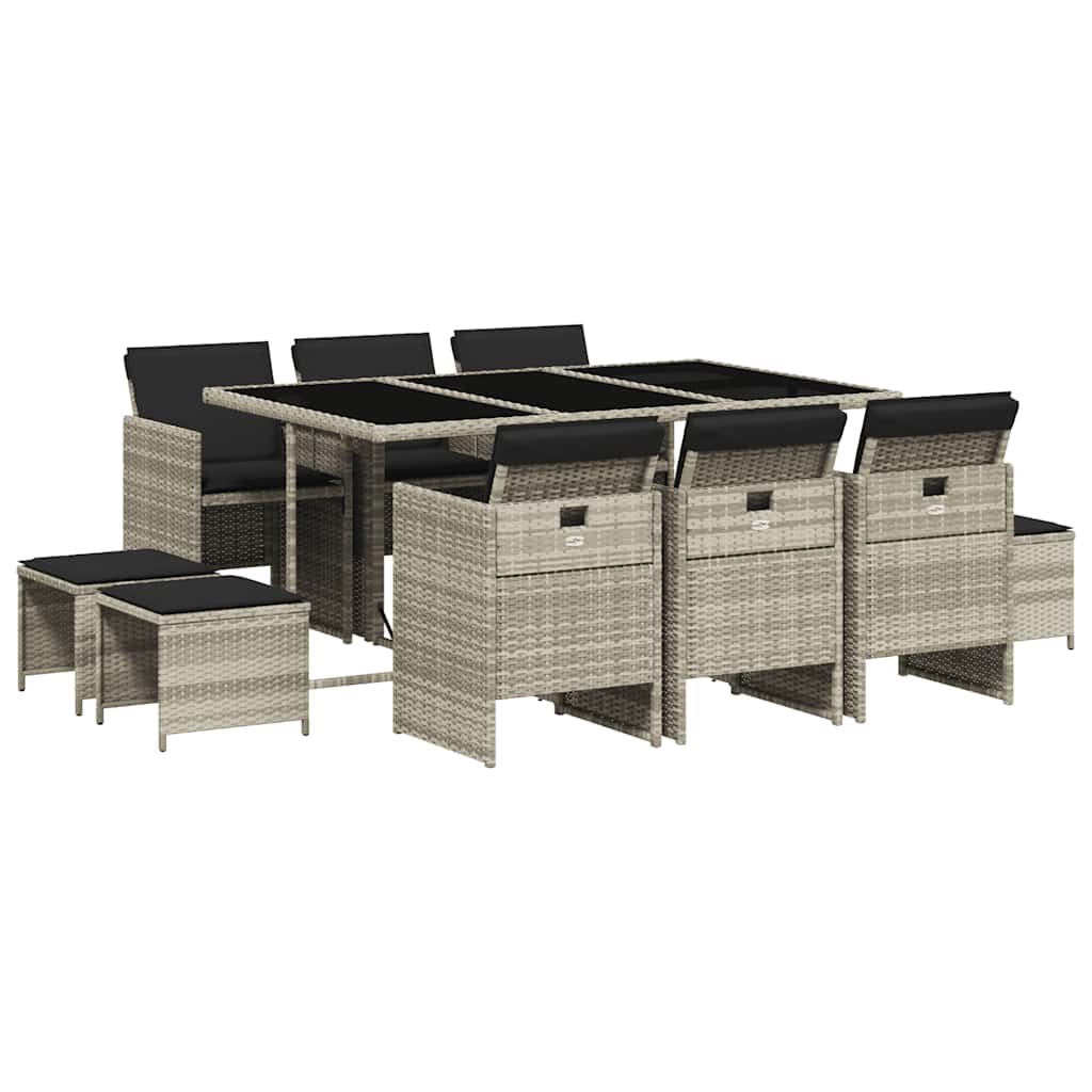 11-tlg. Garten-Essgruppe mit Kissen Hellgrau Poly Rattan