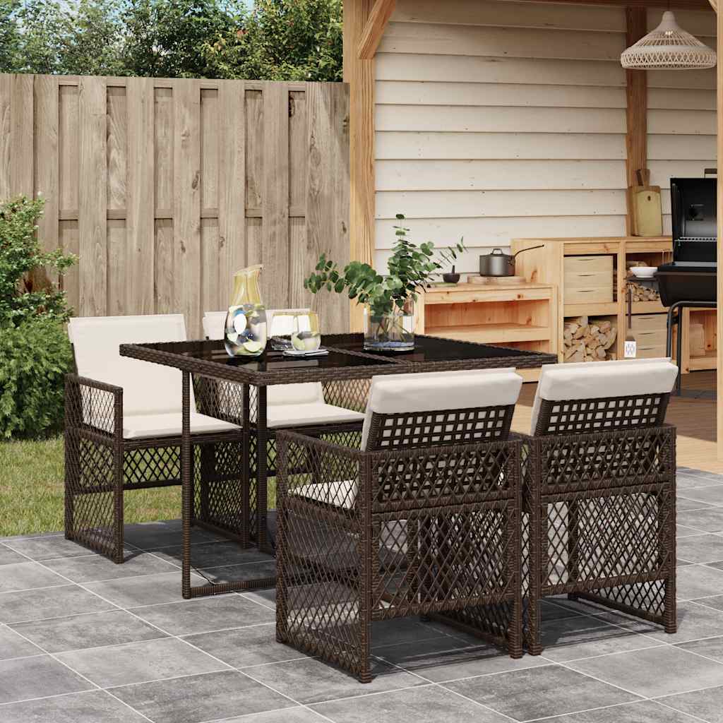 5-tlg. Garten-Essgruppe mit Kissen Braun Poly Rattan
