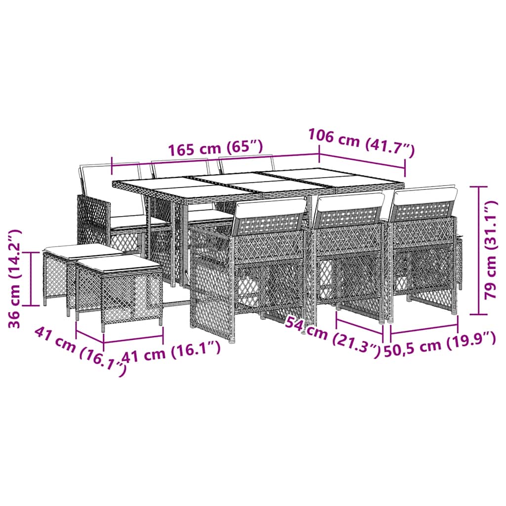 11-tlg. Garten-Essgruppe mit Kissen Schwarz Poly Rattan