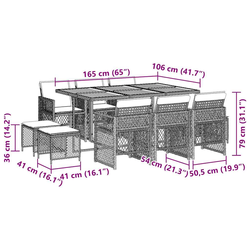 11-tlg. Garten-Essgruppe mit Kissen Schwarz Poly Rattan